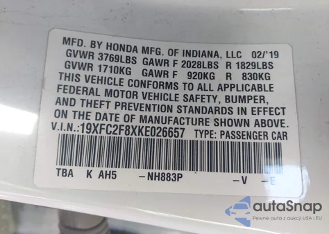 2019 Honda Civic Sport z USA, uszkodzony, nr VIN 19XFC2F8XKE026657